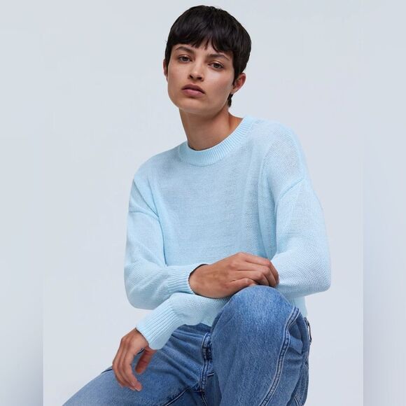 Madewell NWT Sheer Loose Knit Crewneck Sweater Size Small in Clarity (Blue) - Picture 2 of 10